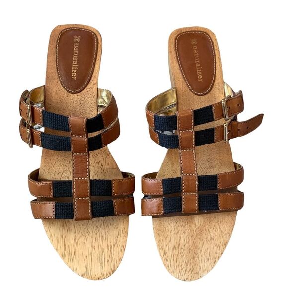 Naturalizer Brown Black Athina Sandals Wooden Slip On Heeled Shoes Size 9W - Picture 1 of 10